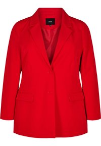 Roter Blazer, leichtes Material, einreihiges Design, Reverskragen, zwei Fronttaschen und Knopfverschluss. Gefüttertes Innenfutter.