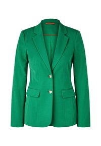 Blazer vert ajusté pour femme avec col à revers cranté, deux boutons sur le devant et poches à rabat, présenté sur un fond blanc.