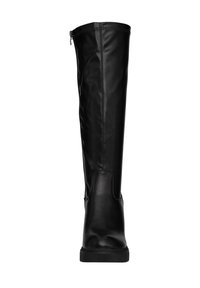 Botas negras hasta la rodilla hechas de material sintético suave, con cierre lateral, punta redonda y suela plana de goma.