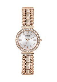 Różowe złoto zegarek z okrągłą srebrną tarczą. Posiada kryształowe akcenty, dekoracyjną obręcz i wzór bransoletki z koralików. Cyfry na godzinie 12 i 6.