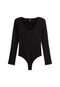 Body negro de manga larga con escote en V profundo, tejido suave, diseño ajustado y cierre tipo tanga en la parte inferior para una silueta estilizada.