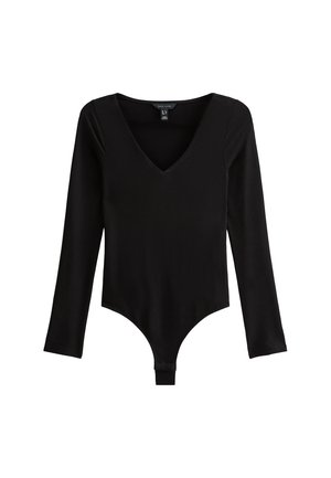 Body negro de manga larga con escote en V profundo, tejido suave, diseño ajustado y cierre tipo tanga en la parte inferior para una silueta estilizada.