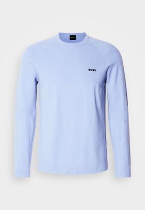 Light blue long-sleeve sweater made of soft fabric featuring a round neck, ribbed cuffs, and a small black "BOSS" logo on the chest.