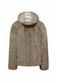 Nepluizende jas in beige met een opblaasbare capuchon. Gelaagd, losse pasvorm met verlaagde schouders en een cropped silhouet. Zachte, harige afwerking.