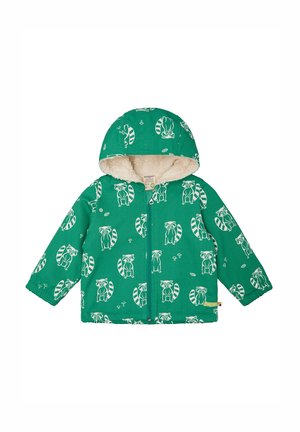 Groene jas met een zachte, fleece-voering, capuchon en een patroon van omrande wasberen en paddenstoelen. Voorkant met ritssluiting.