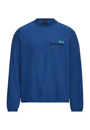 Chemise à manches longues en polaire bleue avec un col rond, dotée d'une poche poitrine avec une fermeture éclair verte et un détail de logo. Texture douce.