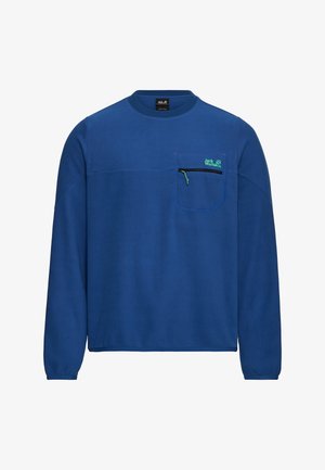 Chemise à manches longues en polaire bleue avec un col rond, dotée d'une poche poitrine avec une fermeture éclair verte et un détail de logo. Texture douce.