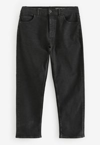 Zwarte rechtvallende denim jeans met vijf zakken, riemlussen en een licht gemêleerd oppervlak. Voorzien van een ritssluiting en een gegraveerd merkje aan de binnenkant.
