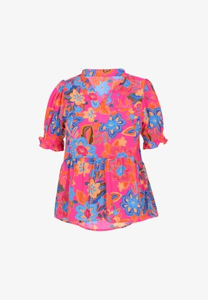 Knallpinke Bluse mit großem blauem, orangefarbenem und gelbem Blumenmuster, kurzen Puffärmeln und V-Ausschnitt.
