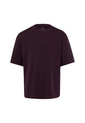 Dunkellila T-Shirt mit kurzen Ärmeln und Rundhalsausschnitt in lockerem Schnitt, dargestellt auf weißem Hintergrund.