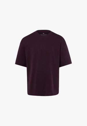 Dunkellila T-Shirt mit kurzen Ärmeln und Rundhalsausschnitt in lockerem Schnitt, dargestellt auf weißem Hintergrund.