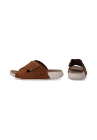 Bruine suède slip-on sandalen met een gestructureerde bruine binnenkant, witte rubberen zool en subtiele logo-details. Open ontwerp voor gemakkelijke aan- en uittrekken.
