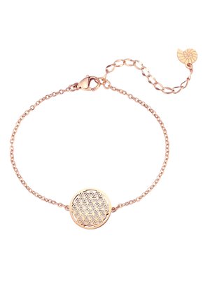 Delicado brazalete de cadena en oro rosa con un colgante circular que presenta un patrón geométrico de flores y un cierre ajustable con encanto de concha.