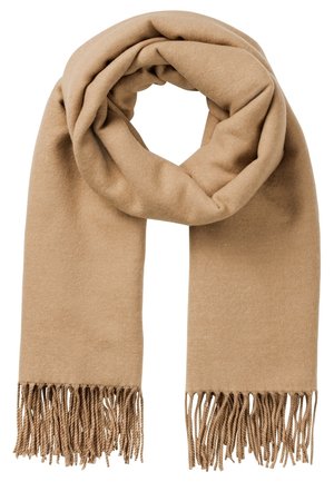 Écharpe en laine beige avec des franges torsadées aux deux extrémités, pliée en boucle avec une texture douce et lisse visible sur un fond blanc.
