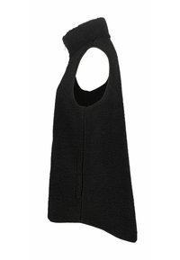 Schwarze Fleeceweste mit hohem Kragen, ärmellosem Design, seitlicher Öffnung und strukturiertem Oberflächenmaterial, ausgestattet mit einem Frontreißverschluss und ohne Verschlüsse.