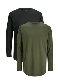To lange langærmede t-shirts: en i sort og en i olivengrøn. Begge har rund hals og en glat, let bomuldsstruktur.