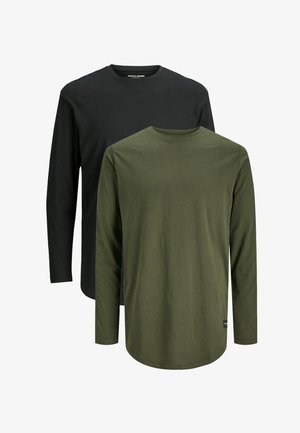 Deux t-shirts à manches longues : un noir et un vert olive. Les deux ont des cols ronds et une texture en coton lisse et légère.