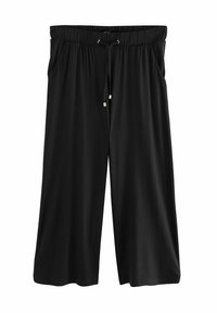 Pantalones culotte negros de pierna ancha, confeccionados en una tela suave y elástica. Presentan una cintura elástica con cordón y bolsillos laterales.