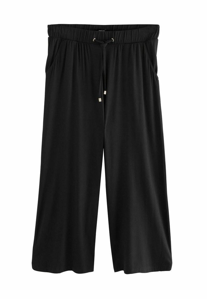 Pantalones culotte negros de pierna ancha, confeccionados en una tela suave y elástica. Presentan una cintura elástica con cordón y bolsillos laterales.