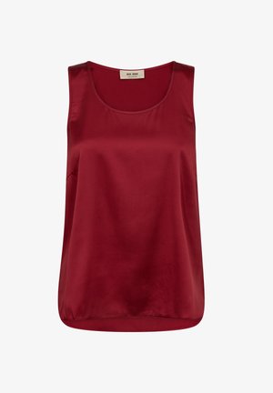 Burgunderfarbene Satin-Ärmellose Bluse mit rundem Ausschnitt, lockerer Passform, seitlichen Taschen und glatter Textur; keine sichtbaren Muster oder Verzierungen.