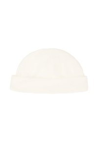 Berretto in cotone bianco con una finitura morbida e testurizzata, caratterizzato da un risvolto e un design superiore senza cuciture.