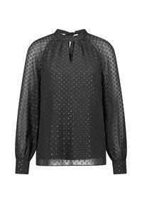 Schwarze Bluse mit transparenten langen Ärmeln, strukturiert mit kleinen Punktmustern. Verfügt über eine Schlüssellochöffnung und elastische Bündchen. Runder Ausschnitt.