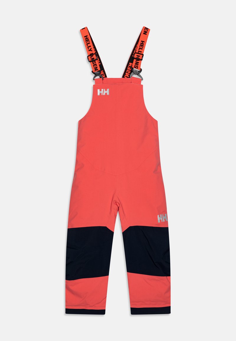 Macacão de corais à prova de água com alças ajustáveis pretas com a marca "Helly Hansen". Inclui detalhes em azul-marinho e um design de perna reta.