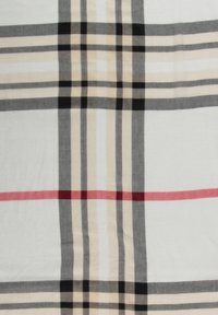 Tejido de cuadros con líneas beige, gris y negro, que presenta una franja roja llamativa, textura suave y un fondo predominantemente blanco.