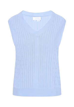 Gaiši zils bezpiedurkņu džemperis ar V-veida kakla izgriezumu, ar rievotu tekstūru un dimanta raksta adījumu. Ar vienotu joslu apakšā.