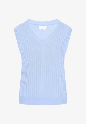 Suéter sin mangas de color azul claro con escote en V, que presenta una textura acanalada y un tejido con patrón de diamante. Detallado con una banda sólida en la parte inferior.