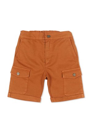 Szorty typu cargo w kolorze rdzy z zapinanymi na guziki bocznymi kieszeniami, przednimi kieszeniami, podwiniętymi nogawkami i zapięciem na guzik w pasie.