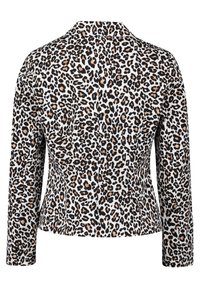 Luipaardprint blazer met lange mouwen, met een witte basis, zwarte en tan vlekken, gestructureerde pasvorm en een notched kraag.