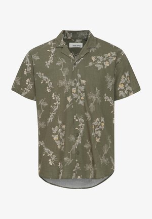 Groene kortekoushemd met een bloemenpatroon in wit en geel, met een kraag, knoopsluiting aan de voorkant en een afgeronde zoom. Lichte stof.