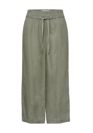 Luźne lniane spodnie oliwkowe z elastycznym pasem i przednim ściągaczem na sznurek.