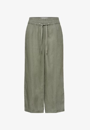 Pantalones de lino verde oliva de pierna ancha con cintura elástica y cierre frontal con cordón.