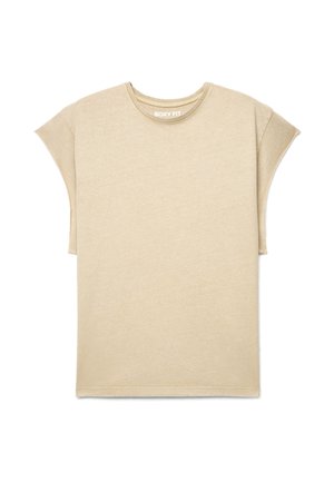 T-shirt beige a maniche corte con vestibilità boxy, scollo rotondo, maniche leggermente allungate e design semplice su sfondo bianco.