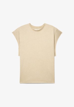 T-shirt beige a maniche corte con vestibilità boxy, scollo rotondo, maniche leggermente allungate e design semplice su sfondo bianco.