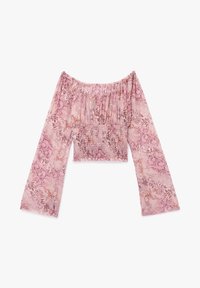 Bluzka z odkrytymi ramionami, z długimi rękawami w jasnoróżowym kolorze z kwiatowym wzorem, marszczonym fasonem oraz zwiewnymi rękawami wykonanymi z przejrzystego, lekkiego materiału.