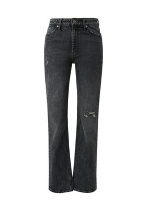 Zwarte denim jeans met een rechte pijp, voorzien van versleten details en een vervaagde textuur. Klassiek vijf-pocket ontwerp met metalen hardware.