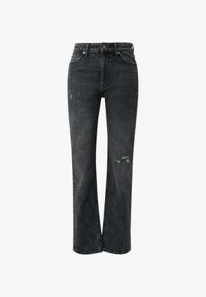 Schwarze Jeans aus Denim mit geradem Bein, die abgenutzte Details und eine ausgewaschene Textur aufweisen. Klassisches Fünf-Taschen-Design mit Metallbeschlägen.