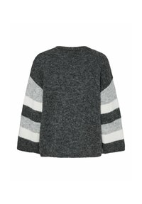 Maglione in lana grigia con scollo rotondo, vestibilità comoda e maniche a righe in diverse tonalità di grigio e bianco. Tessuto morbido e strutturato.