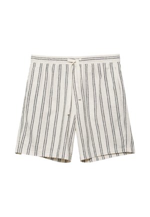 Weiße Baumwollshorts mit dünnen schwarzen vertikalen Streifen und einem elastischen Bund mit vorderem Kordelzug.