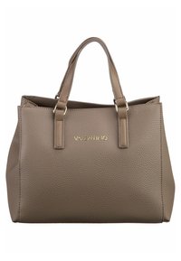 Harmaasta nahasta valmistettu käsilaukku, jossa on teksturoitu pinta, kaksi tukevaa kahvaa ja kultasävytteinen metalliosuus, jossa on "Valentino"-logo edessä.