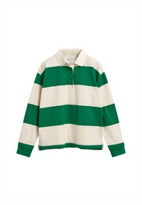Grønn og kremfarget stripete langermet polo-skjorte med klassisk krage, som har en liten frontplacket og sidesplitter i kanten.