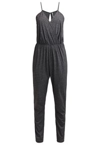 Mono gris con una tela texturizada, escote en V, tirantes finos y una cintura elástica para un ajuste relajado. Las piernas cónicas completan el diseño.