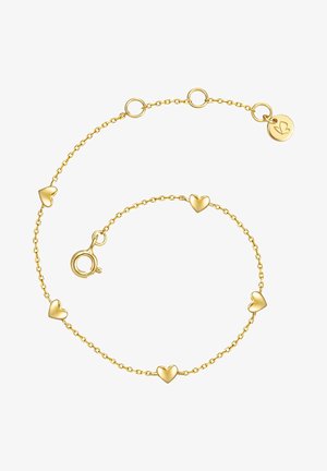 Zlatý náramok s piatimi malými srdiečkovými príveskami a okrúhlym zapínaním, s nastaviteľnou slučkou a okrúhlou značkovou visačkou.