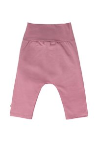 Růžové bavlněné dětské kalhoty s měkkým, širokým pasem a nabíranými detaily. Vyznačují se volným střihem a zkrácenou délkou s mírně texturovaným povrchem.