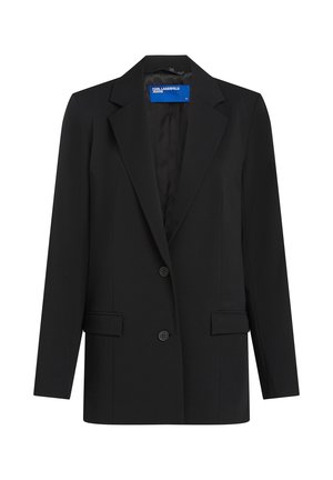 Americana negra ajustada con solapas de muesca, dos botones, bolsillos con solapa y etiqueta interior azul que dice "Karl Lagerfeld Jeans".