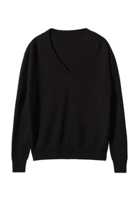 Czarny sweter z dekoltem w serek, wykonany z miękkiego materiału, z długimi rękawami i luźnym krojem, wykończony ribbowymi mankietami i dołem. Brak widocznych wzorów lub akcentów.