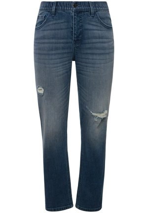 Blue denim jeans with a straight cut, featuring distressed rips on the thigh and subtle fading. Classic five-pocket design, silver button closure.